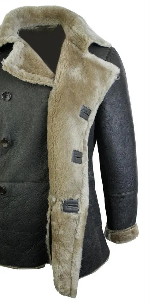 Mens Real Shearling German Navy Sheepskin Double Breasted Jacket Vintage Brown