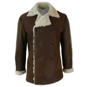 Mens Real Shearling German Navy Sheepskin Double Breasted Jacket Vintage Brown