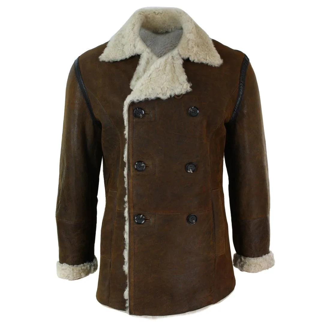 Mens Real Shearling German Navy Sheepskin Double Breasted Jacket Vintage Brown