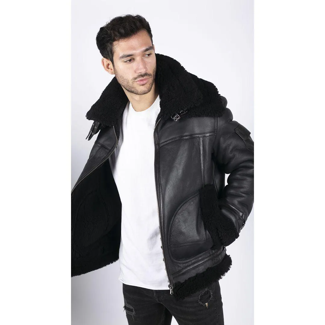 Mens Shearling Sheepskin Coat Zipped Flying Jacket Black Winter Warm Fur