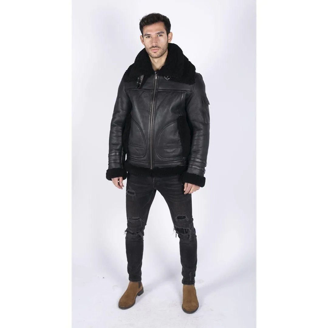 Mens Shearling Sheepskin Coat Zipped Flying Jacket Black Winter Warm Fur