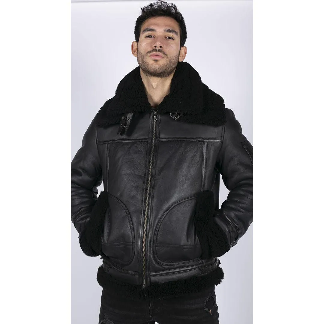 Mens Shearling Sheepskin Coat Zipped Flying Jacket Black Winter Warm Fur