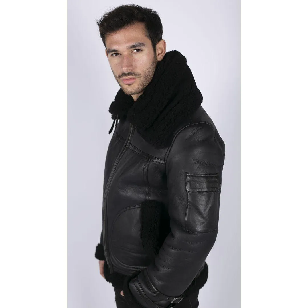 Mens Shearling Sheepskin Coat Zipped Flying Jacket Black Winter Warm Fur