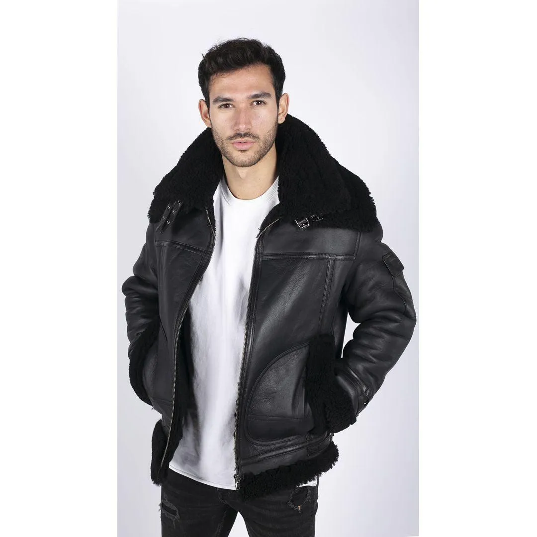 Mens Shearling Sheepskin Coat Zipped Flying Jacket Black Winter Warm Fur