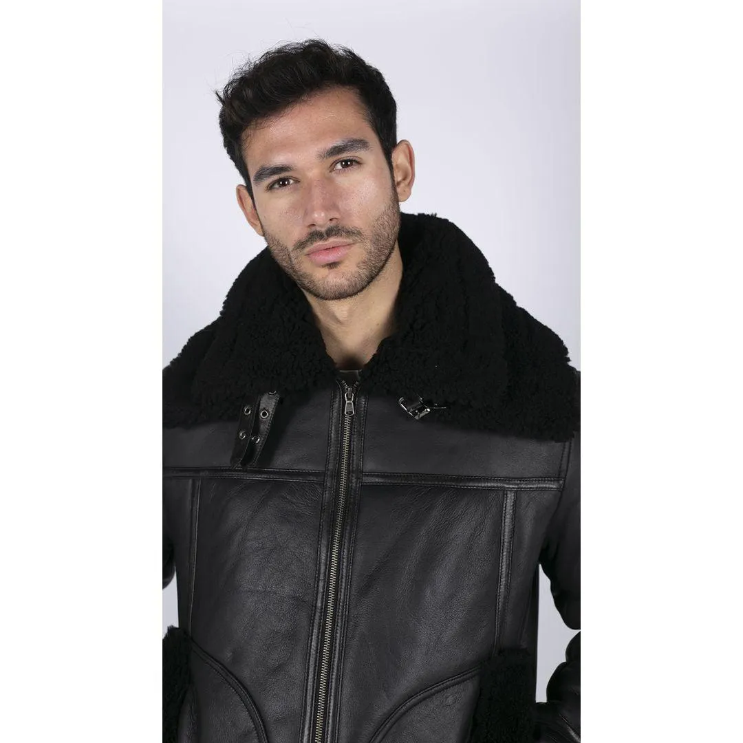 Mens Shearling Sheepskin Coat Zipped Flying Jacket Black Winter Warm Fur