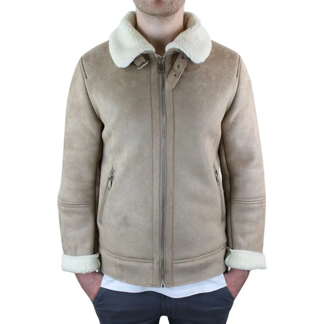 Mens Suede Sheepskin Faux Fur B3 Aviator Flying Jacket Cross Zip RAF Vintage