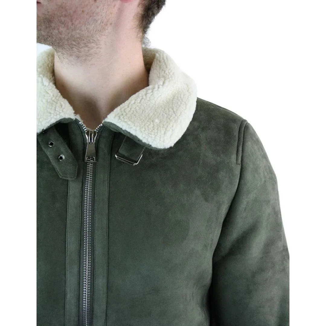 Mens Suede Sheepskin Faux Fur B3 Aviator Flying Jacket Cross Zip RAF Vintage