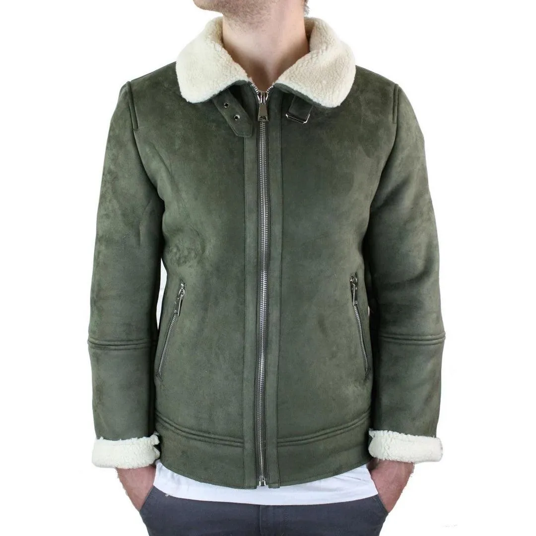 Mens Suede Sheepskin Faux Fur B3 Aviator Flying Jacket Cross Zip RAF Vintage