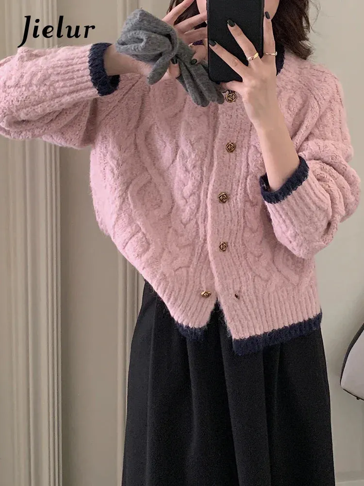 Metaversmall Loose O-neck Single-breasted Chic Cardigan Women Autumn Korean Retro Knitted Pink Jackets Solid Color Sweet Sweater Coats