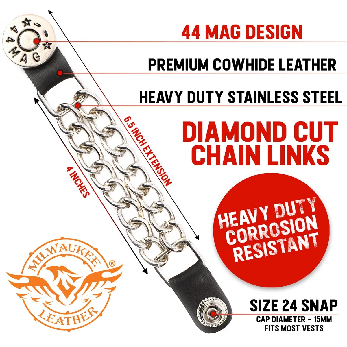 Milwaukee Leather 44-Magnum Dial Vest Extender Double Chrome Chains