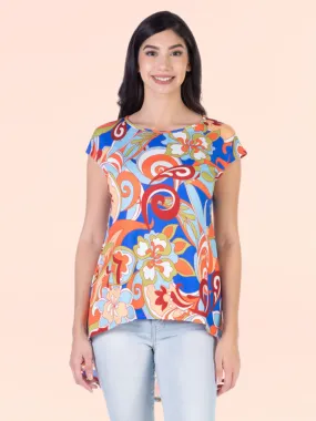 Multicolor Floral Short Sleeve High Low Tunic Top