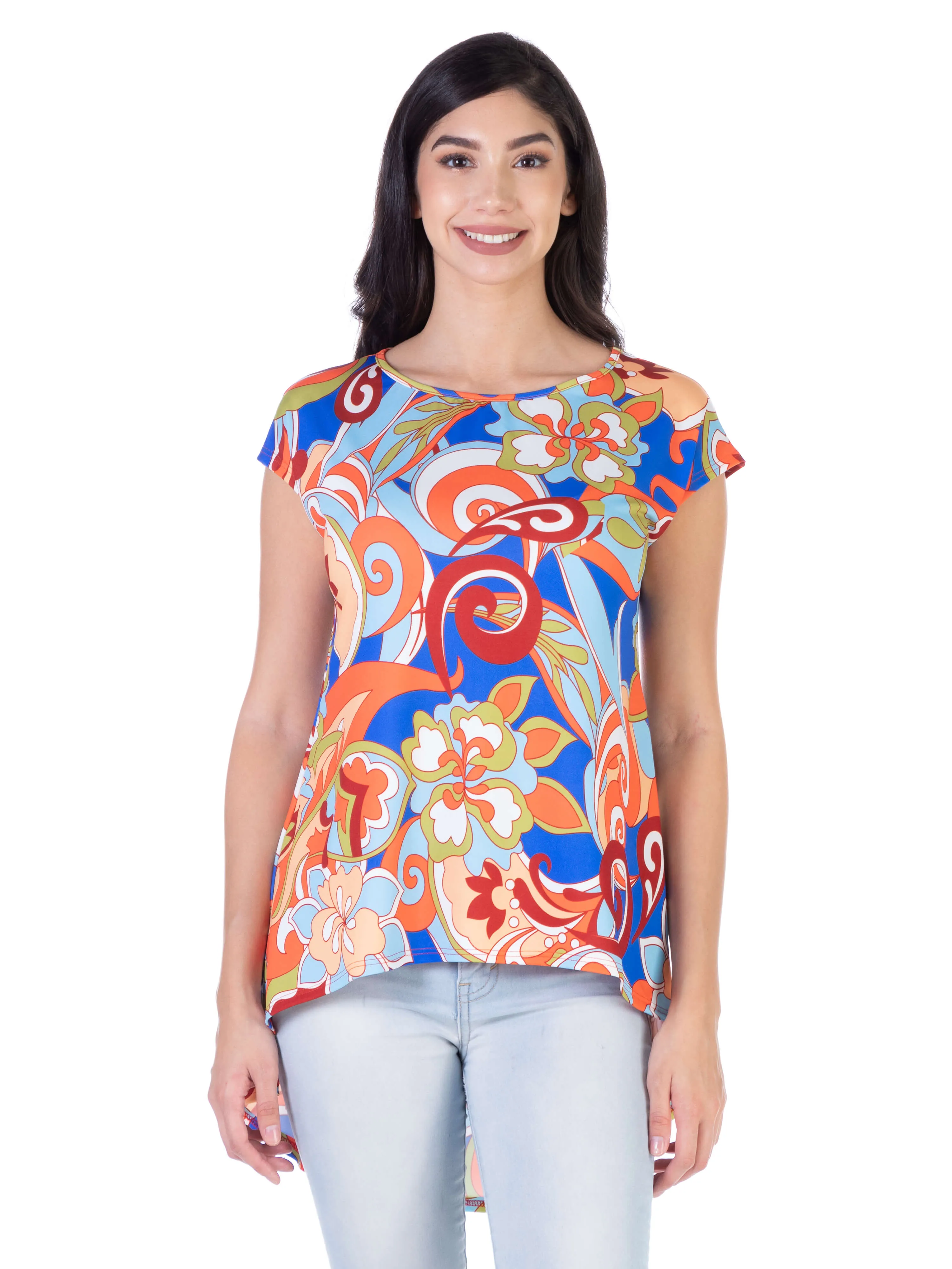 Multicolor Floral Short Sleeve High Low Tunic Top