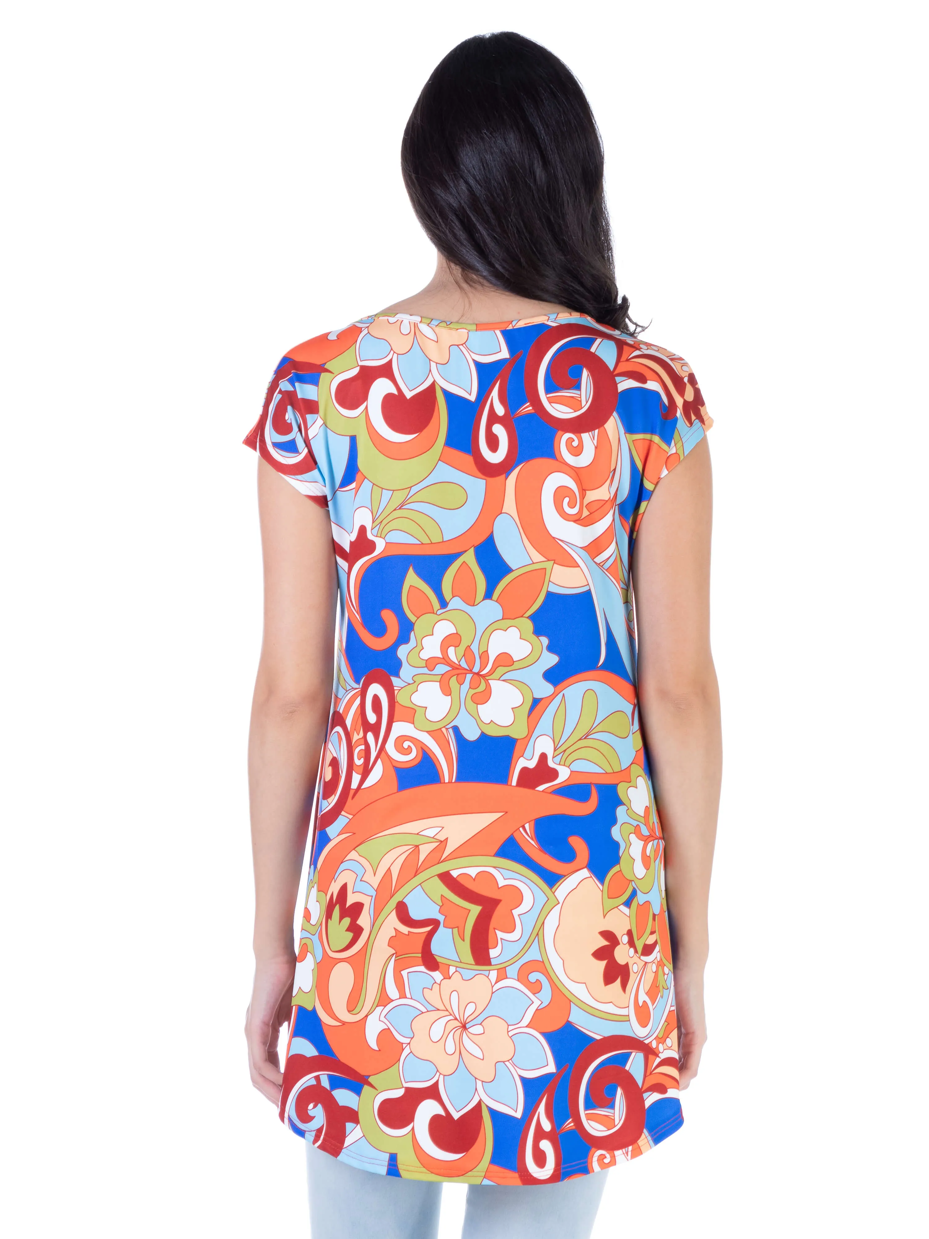 Multicolor Floral Short Sleeve High Low Tunic Top