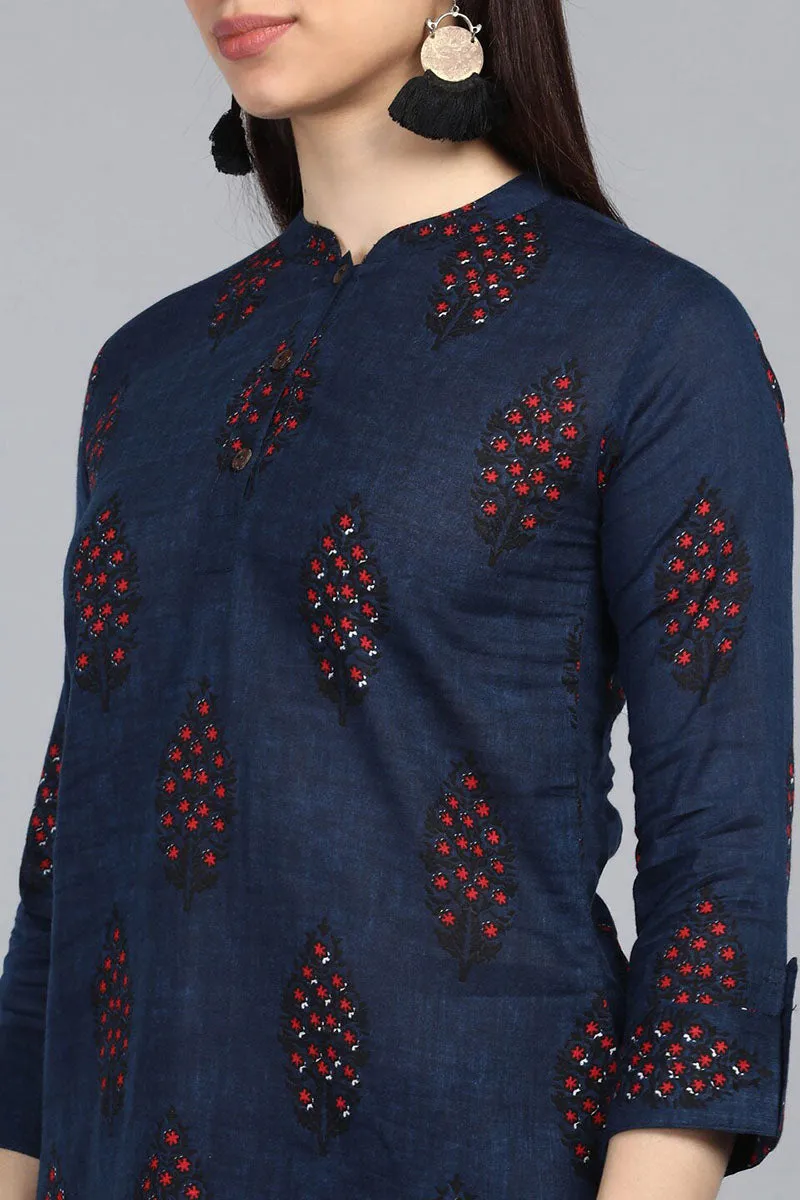 Navy Blue Cotton Ethnic Motifs Regular Tunic Top