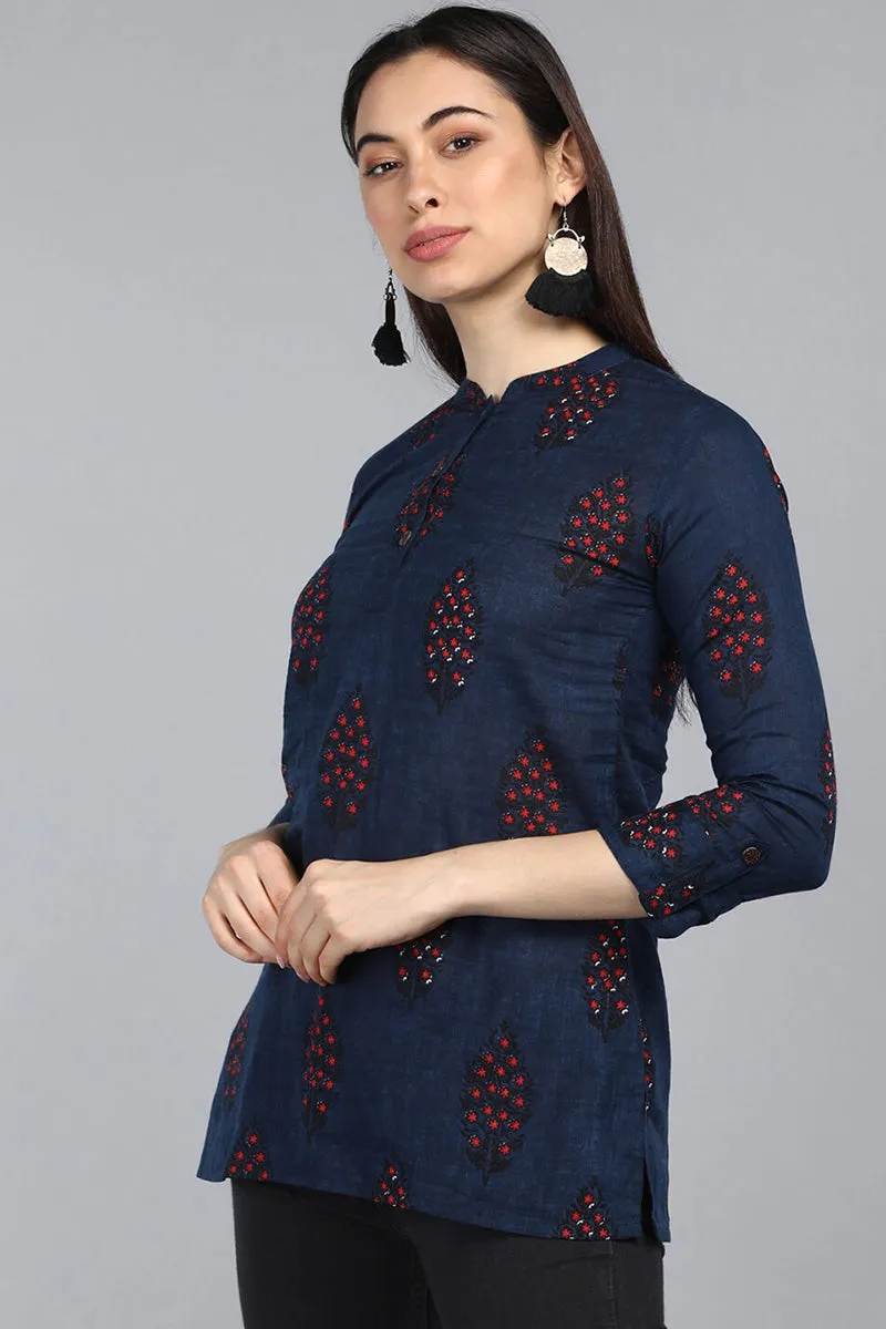 Navy Blue Cotton Ethnic Motifs Regular Tunic Top