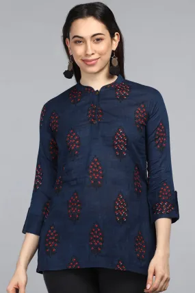 Navy Blue Cotton Ethnic Motifs Regular Tunic Top