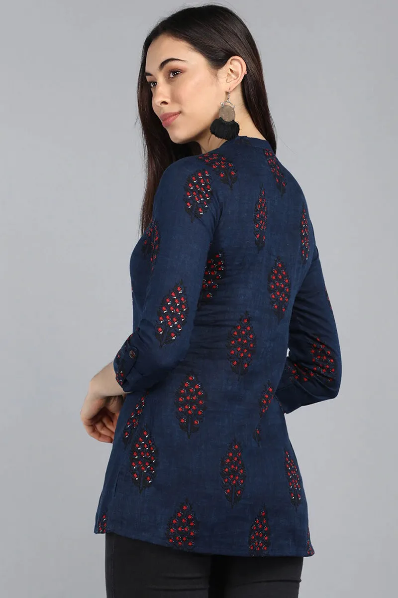 Navy Blue Cotton Ethnic Motifs Regular Tunic Top