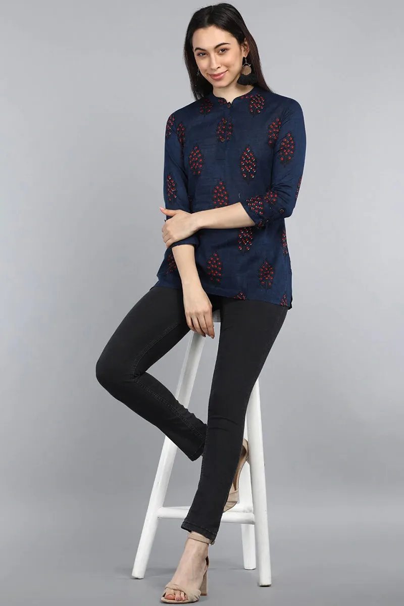 Navy Blue Cotton Ethnic Motifs Regular Tunic Top