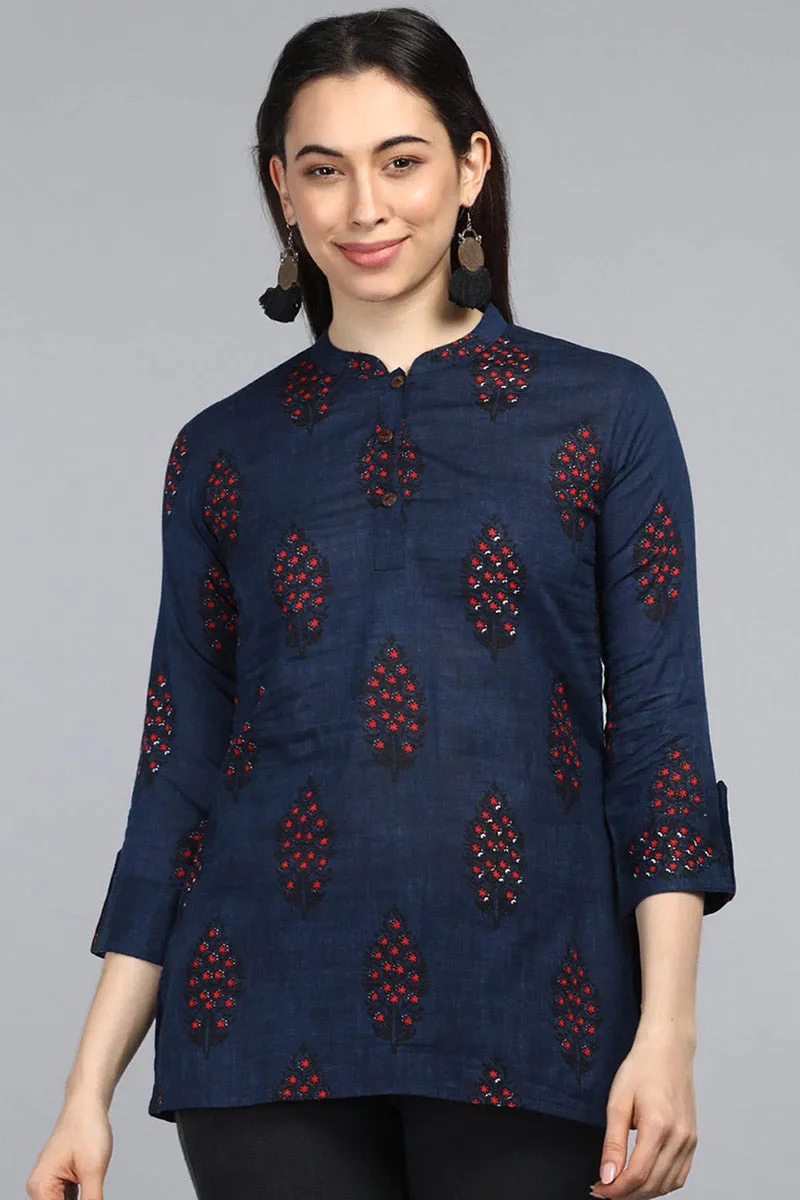 Navy Blue Cotton Ethnic Motifs Regular Tunic Top