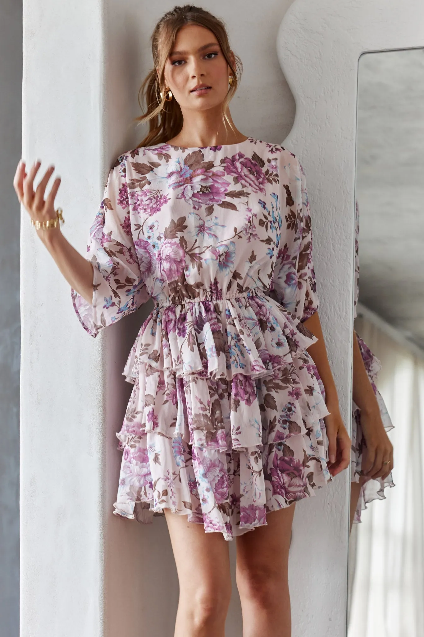 Odessa Long Sleeve Layered Ruffle Dress Rose Print Beige