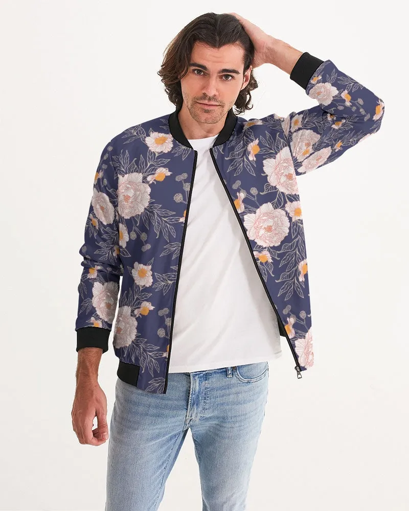 Orange Peonies Floral Orient Blue Men's Bomber Jacket