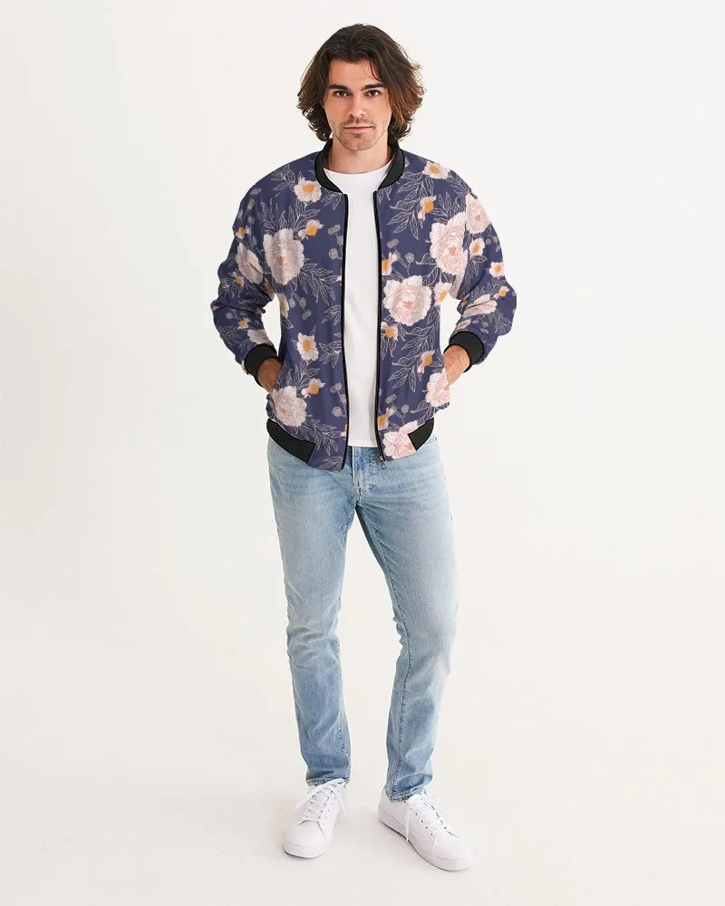 Orange Peonies Floral Orient Blue Men's Bomber Jacket