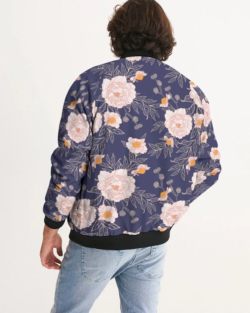 Orange Peonies Floral Orient Blue Men's Bomber Jacket