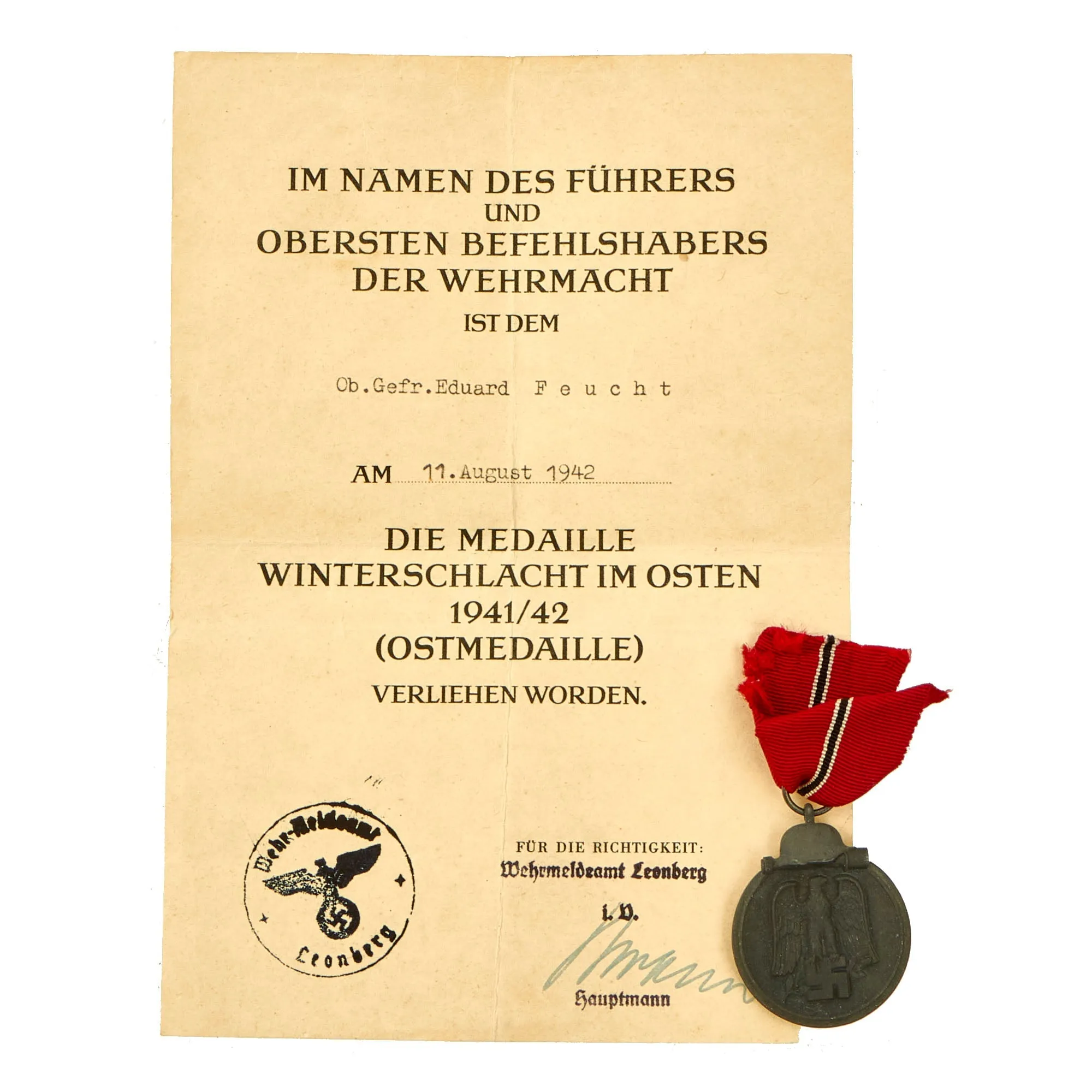 Original German WWII Eastern Front Medal with Named Award Document & Ribbon - Dated 1942