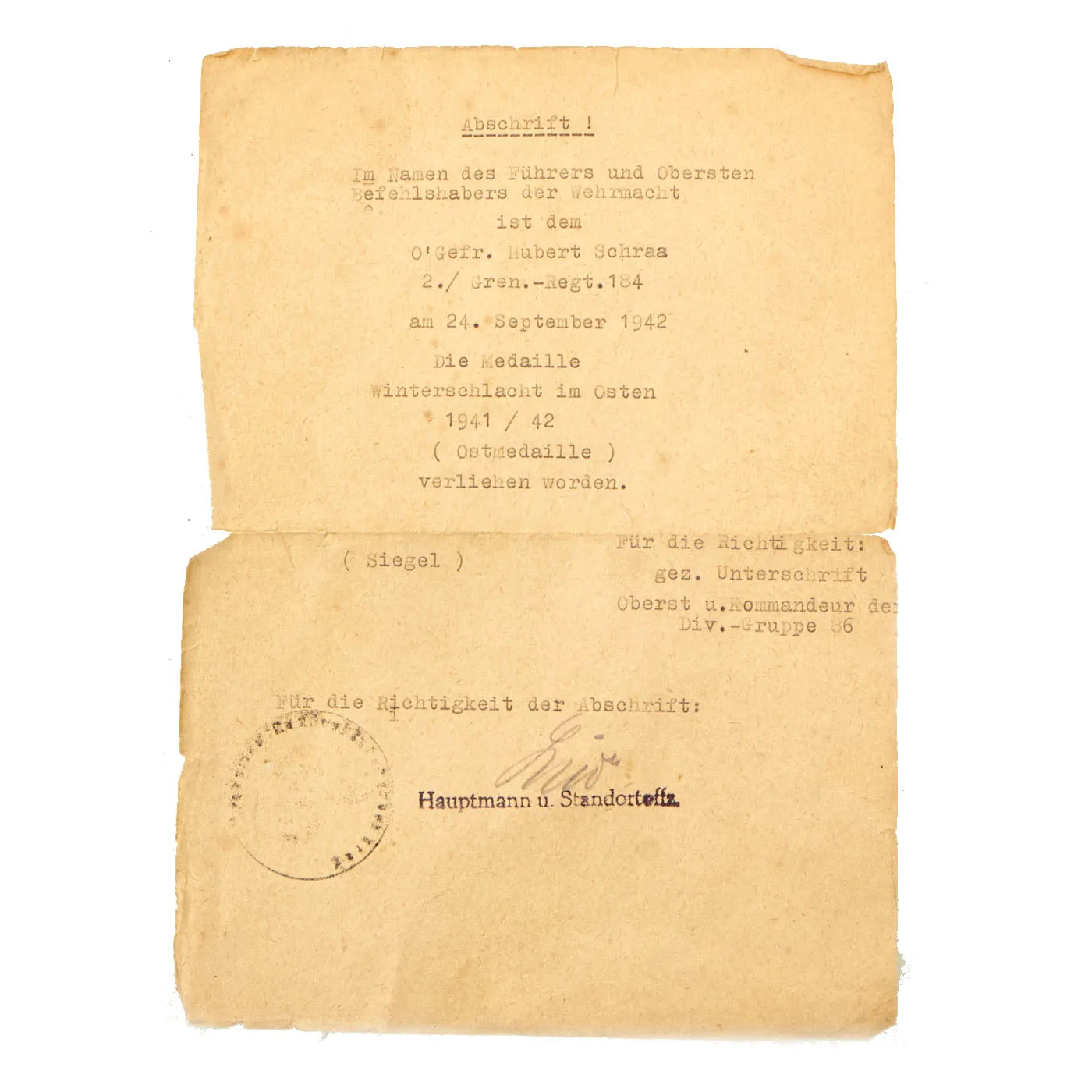 Original German WWII Eastern Front Medal with Named Typed Award Document Dated 1942