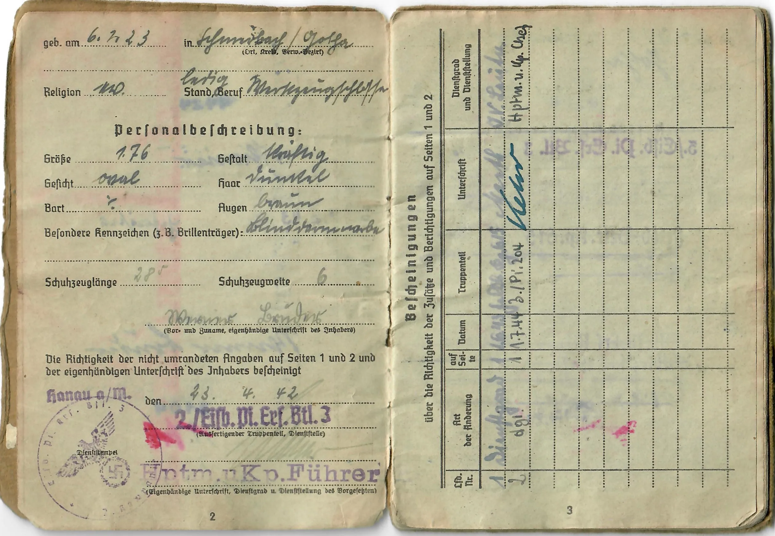 Original German WWII Heer Soldbuch Soldier ID & Payment Book for Eisenbahn Pioneer Werner Bruder with Two Photos