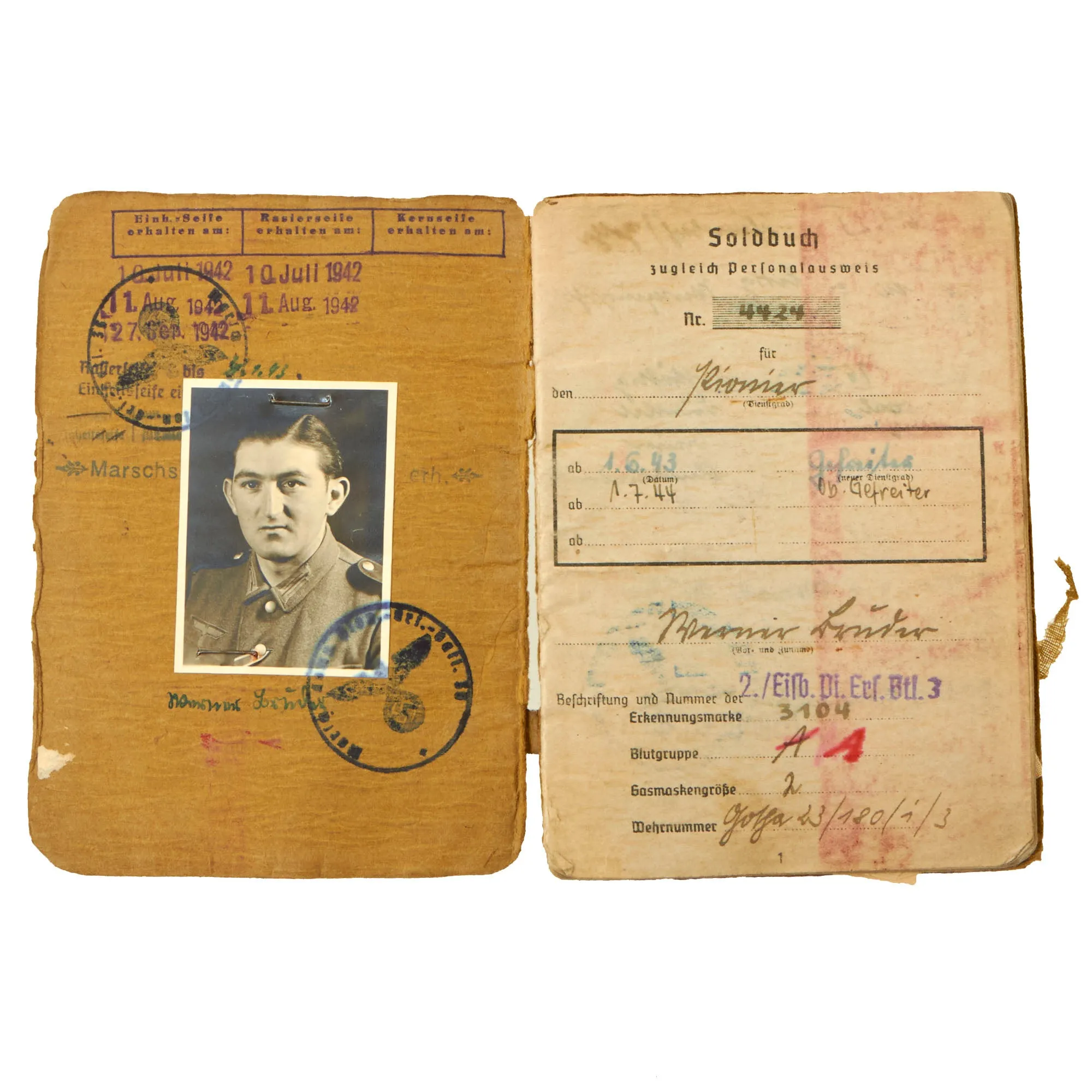 Original German WWII Heer Soldbuch Soldier ID & Payment Book for Eisenbahn Pioneer Werner Bruder with Two Photos