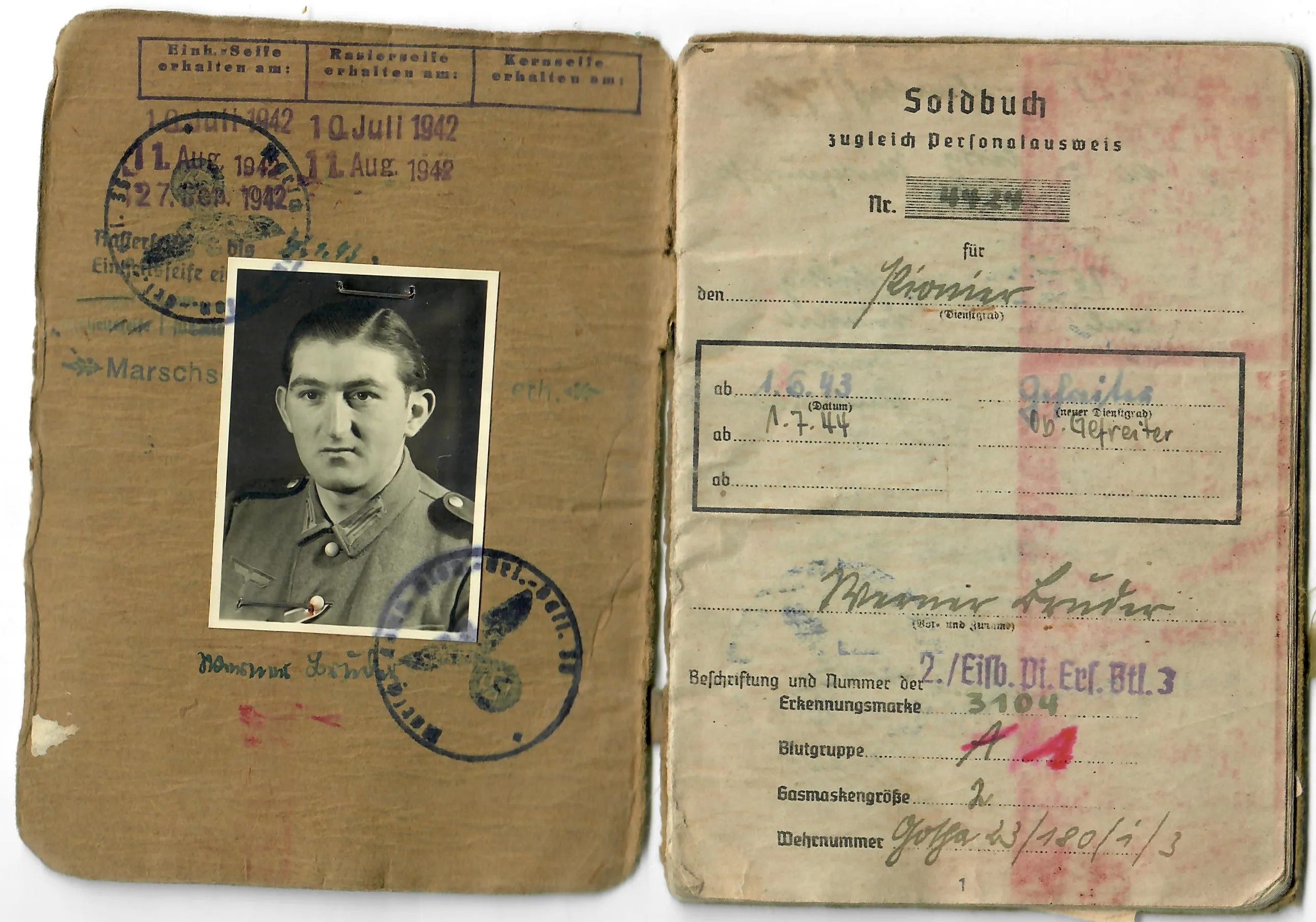 Original German WWII Heer Soldbuch Soldier ID & Payment Book for Eisenbahn Pioneer Werner Bruder with Two Photos