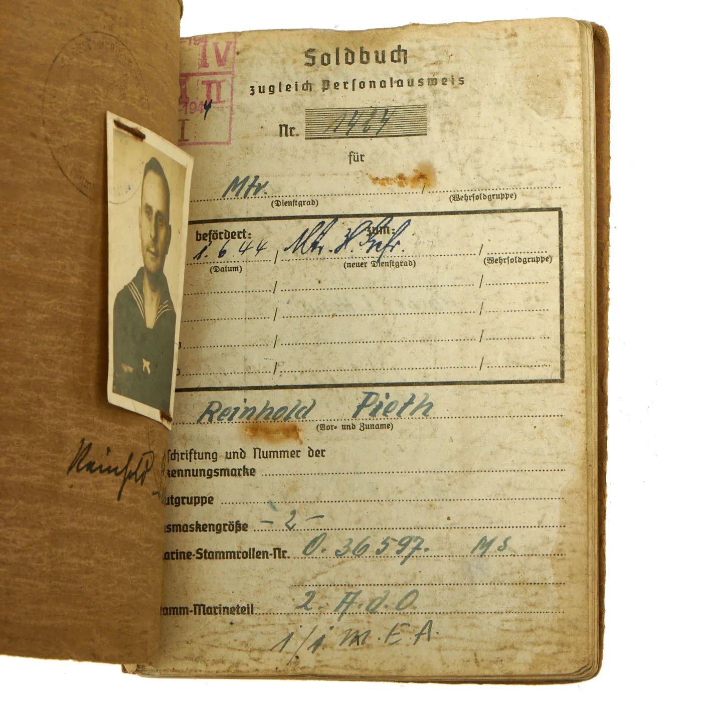 Original German WWII Kriegsmarine Navy Soldbuch Belonging To Matrosengefreiter Reinhold Pieth - 2nd Co, 3rd Naval Construction Reserve Battalion