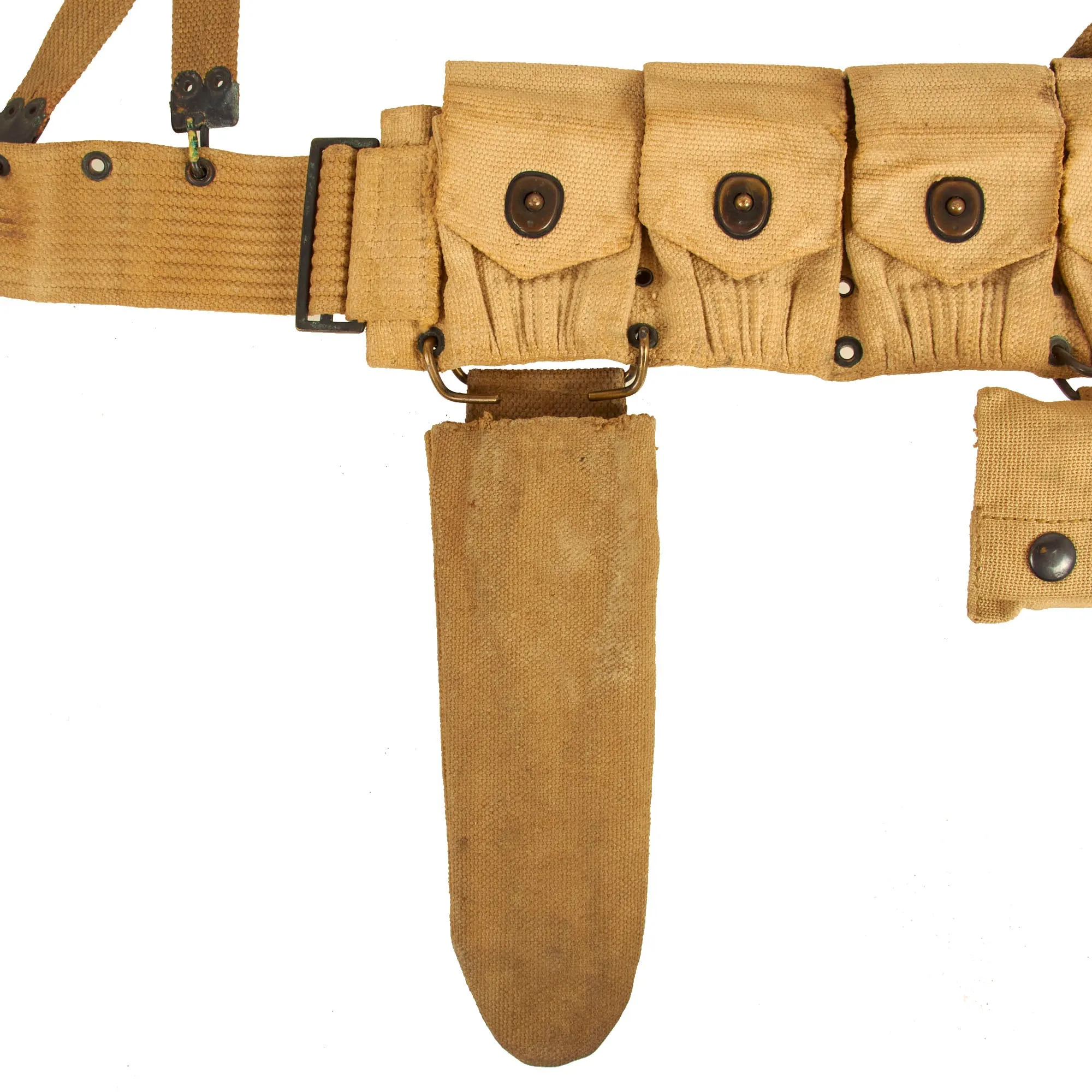 Original WWI U.S. Field Equipment Set: Rifleman’s Belt Rig with Rare M-1907 Suspenders, Wire Cutters with Pouch, M-1910 Cartridge Belt,  Canteen Set & 1918 First Aid Dressing with Pouch