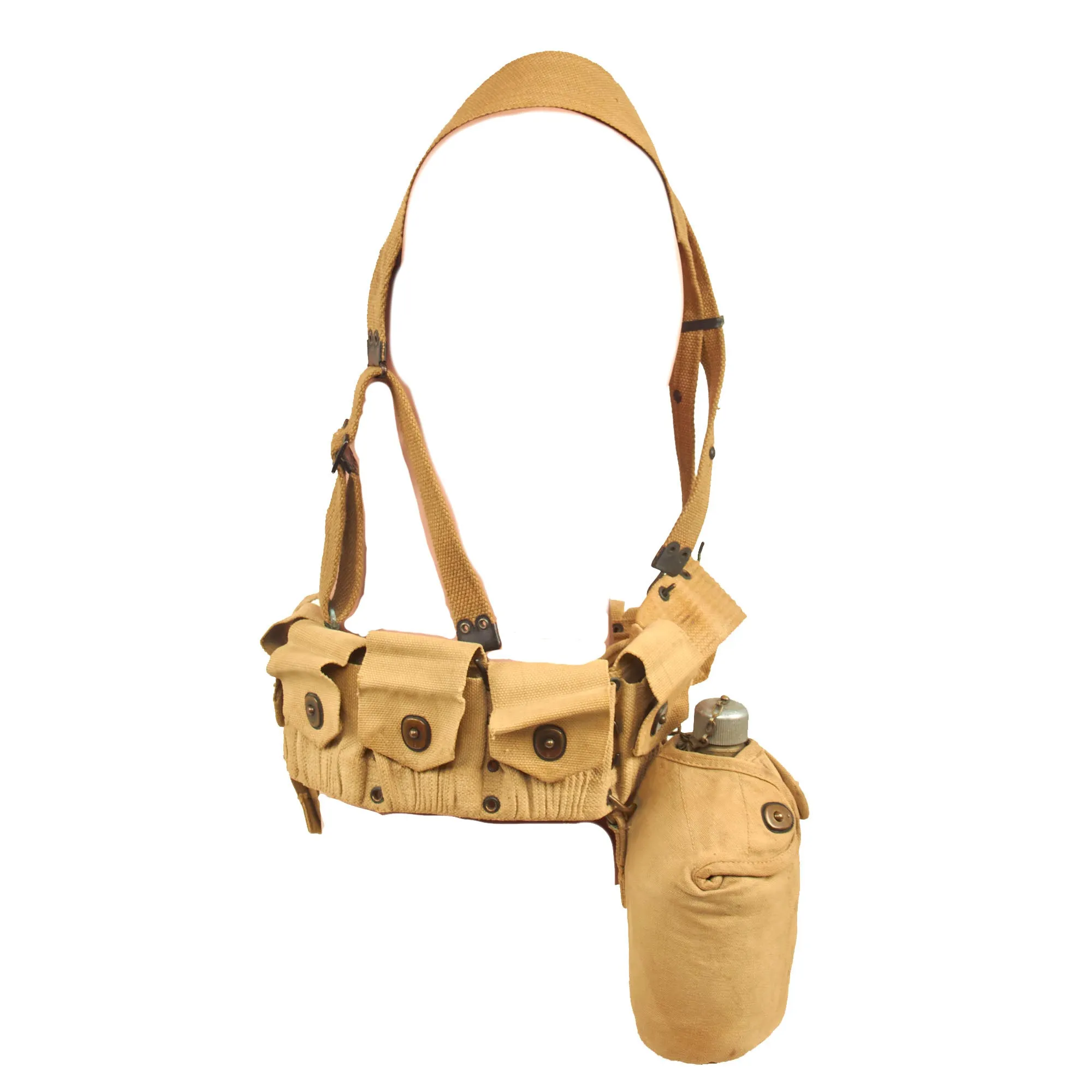 Original WWI U.S. Field Equipment Set: Rifleman’s Belt Rig with Rare M-1907 Suspenders, Wire Cutters with Pouch, M-1910 Cartridge Belt,  Canteen Set & 1918 First Aid Dressing with Pouch