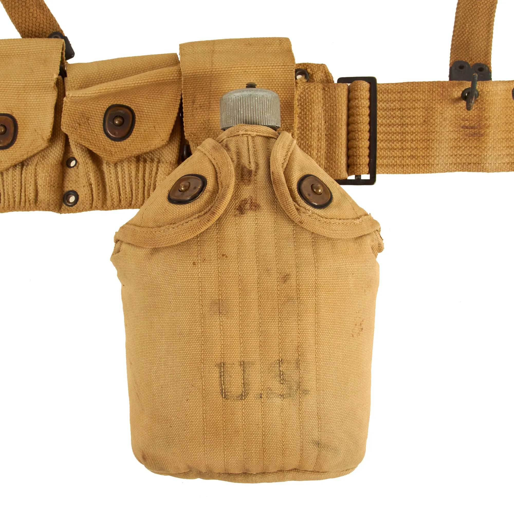 Original WWI U.S. Field Equipment Set: Rifleman’s Belt Rig with Rare M-1907 Suspenders, Wire Cutters with Pouch, M-1910 Cartridge Belt,  Canteen Set & 1918 First Aid Dressing with Pouch