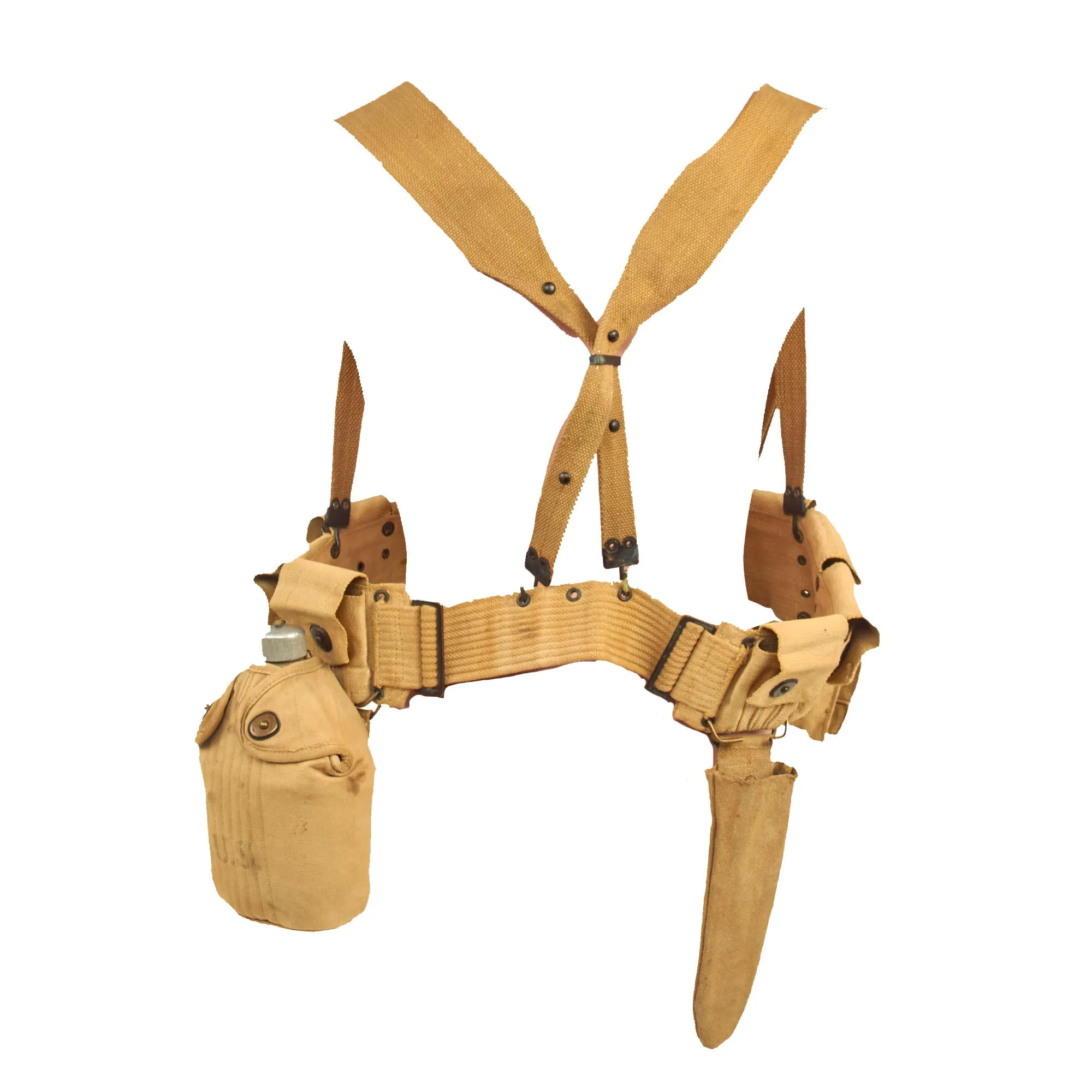 Original WWI U.S. Field Equipment Set: Rifleman’s Belt Rig with Rare M-1907 Suspenders, Wire Cutters with Pouch, M-1910 Cartridge Belt,  Canteen Set & 1918 First Aid Dressing with Pouch