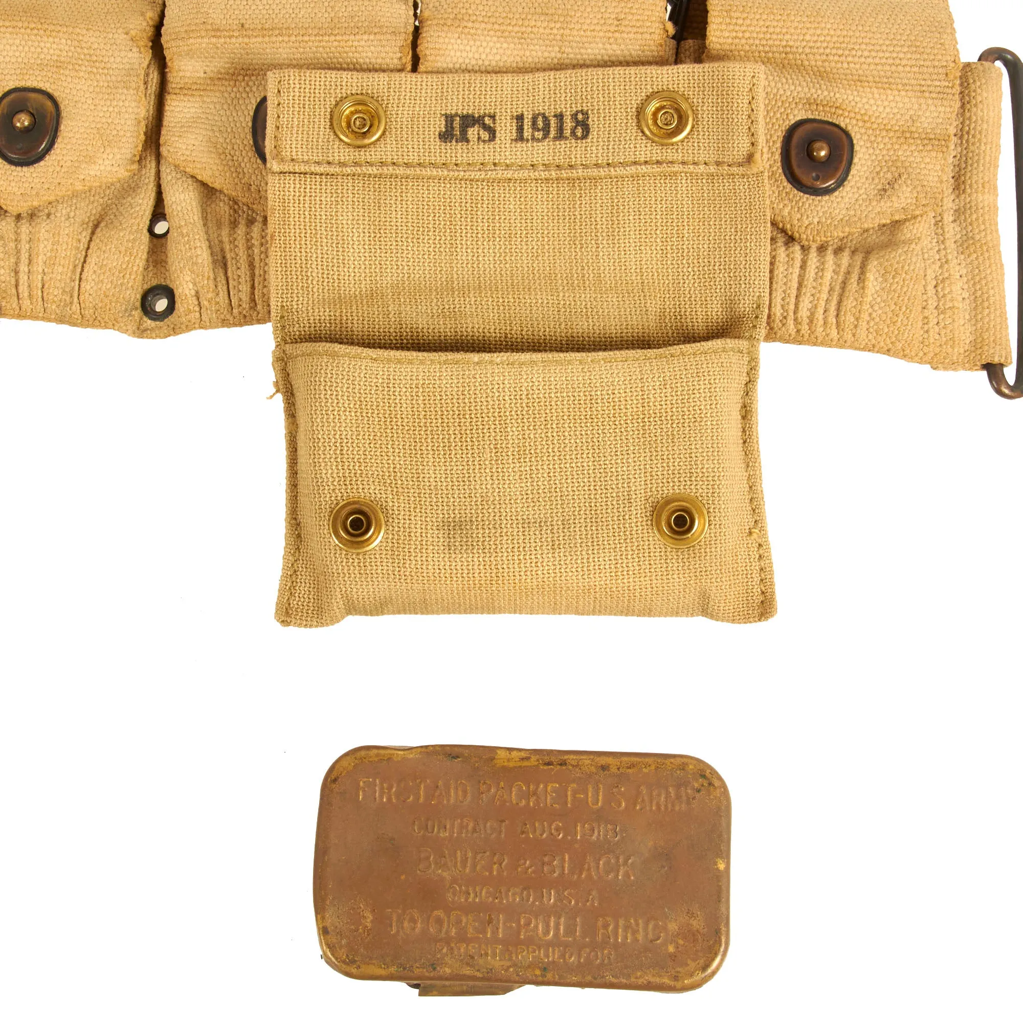 Original WWI U.S. Field Equipment Set: Rifleman’s Belt Rig with Rare M-1907 Suspenders, Wire Cutters with Pouch, M-1910 Cartridge Belt,  Canteen Set & 1918 First Aid Dressing with Pouch