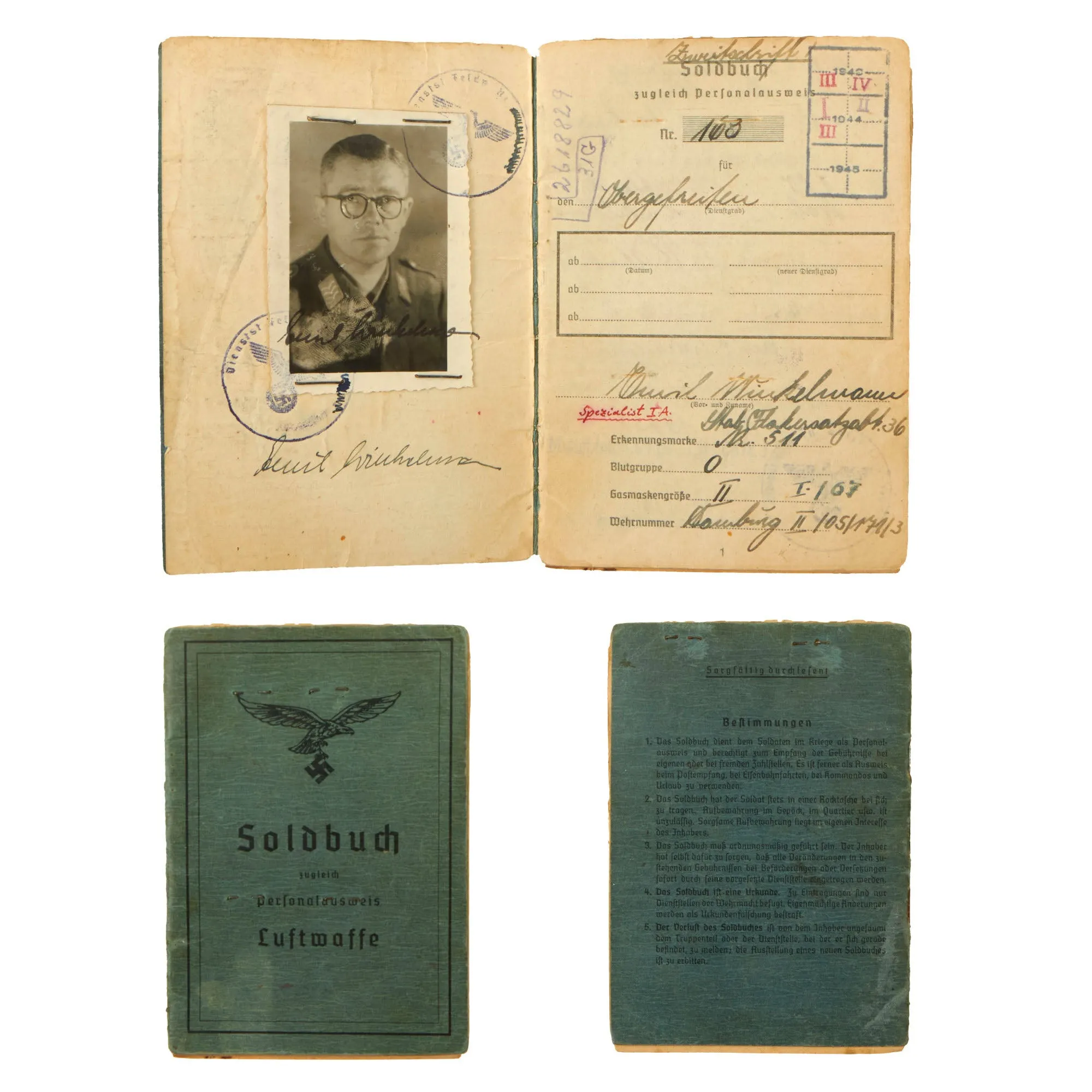 Original WWII German Luftwaffe Soldbuch Identity & Payment Book for Flak NCO Obergefreiter Emil Winkelmann - Flak Regiment 40