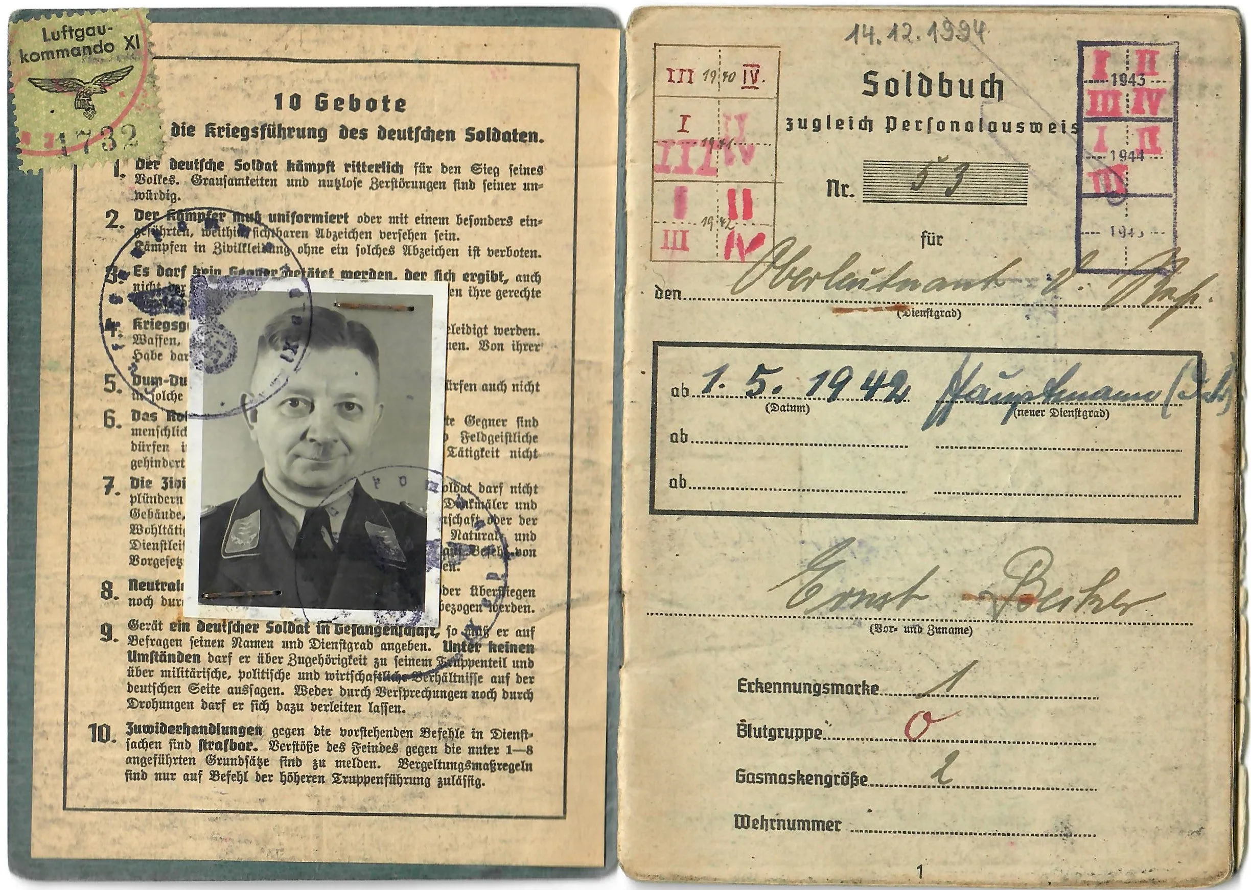 Original WWII German Luftwaffe Soldbuch Identity & Payment Book for Flak Officer Hauptmann Ernst Beiker - Luftgaukommande XI