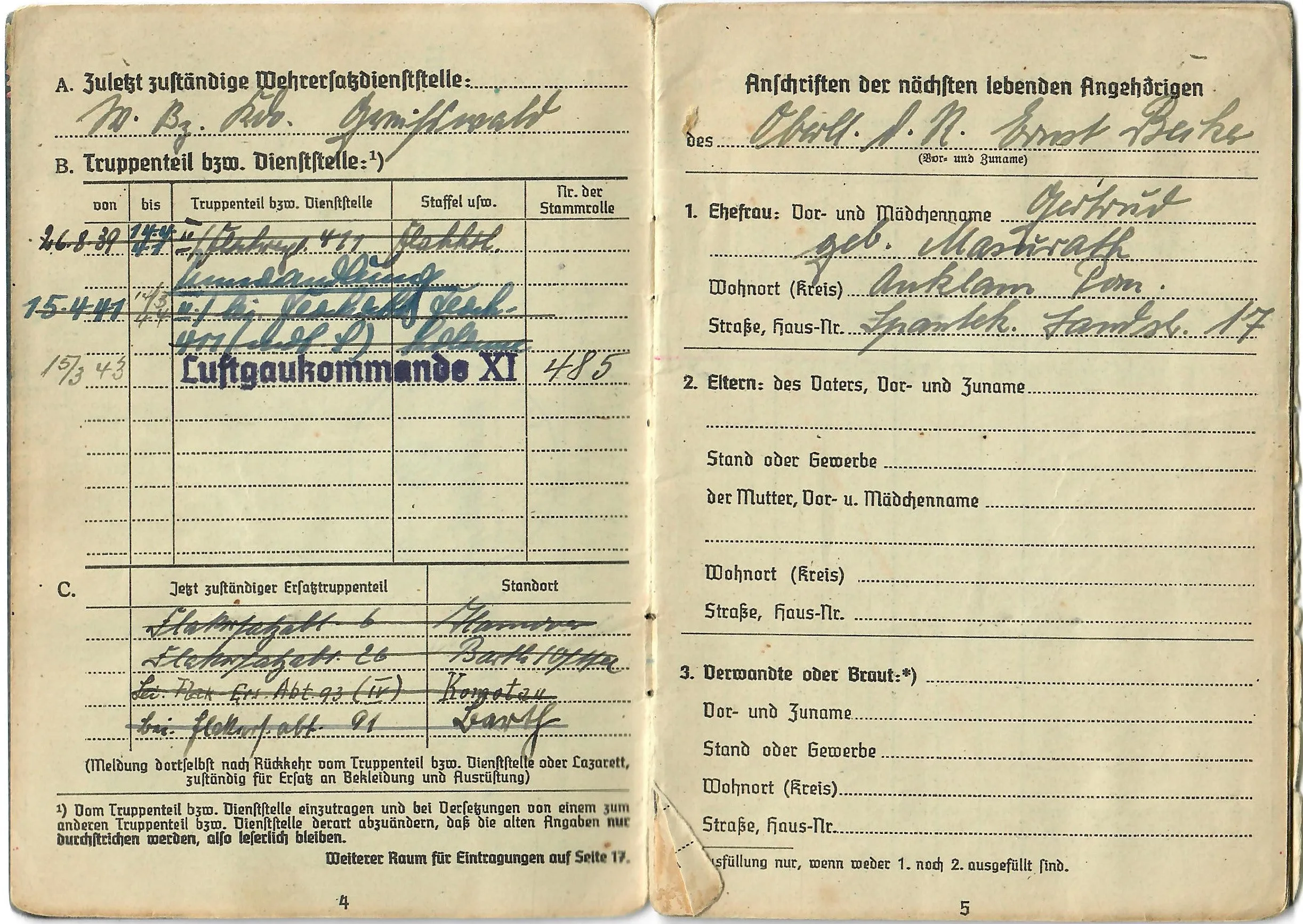 Original WWII German Luftwaffe Soldbuch Identity & Payment Book for Flak Officer Hauptmann Ernst Beiker - Luftgaukommande XI