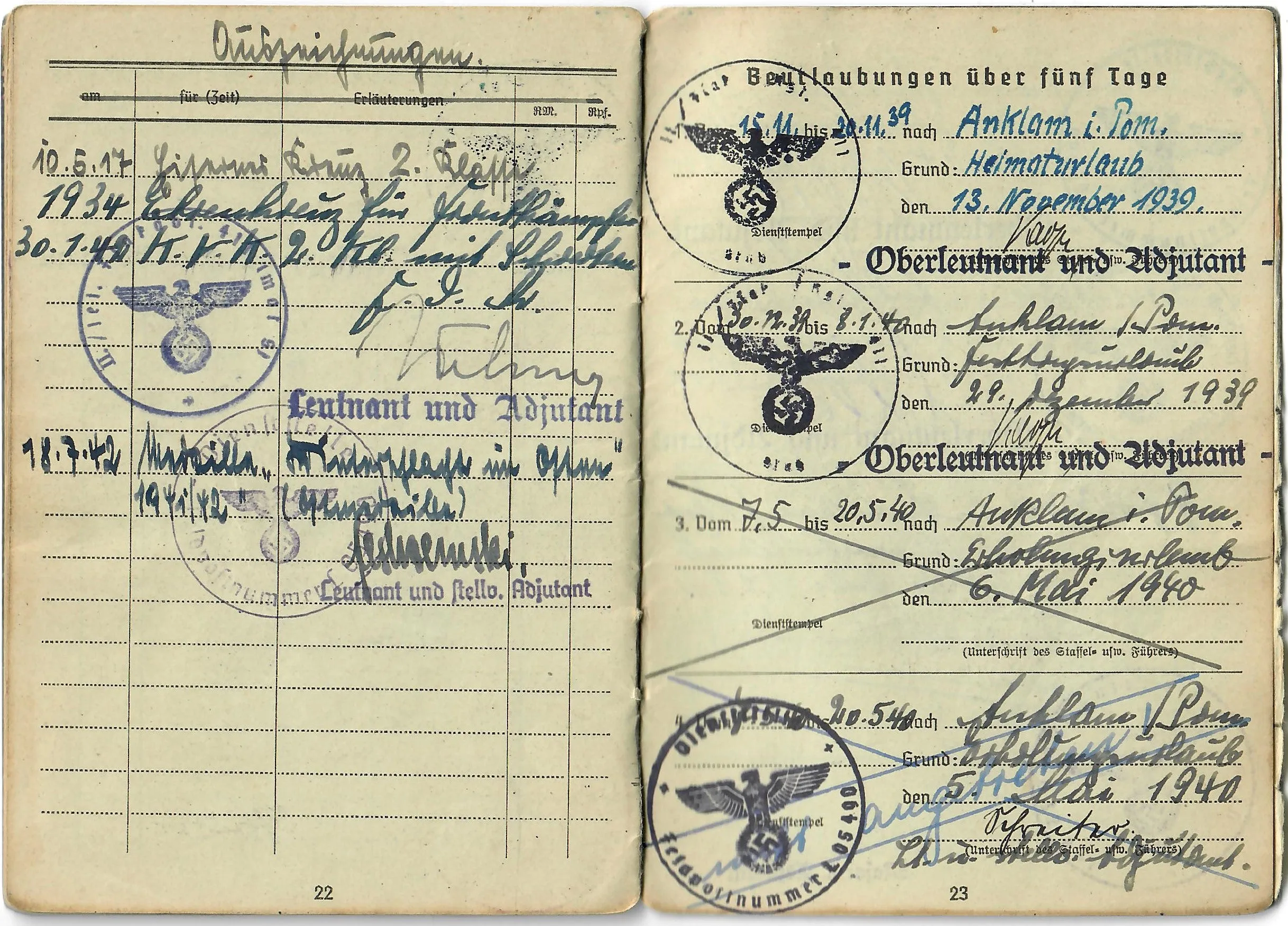 Original WWII German Luftwaffe Soldbuch Identity & Payment Book for Flak Officer Hauptmann Ernst Beiker - Luftgaukommande XI