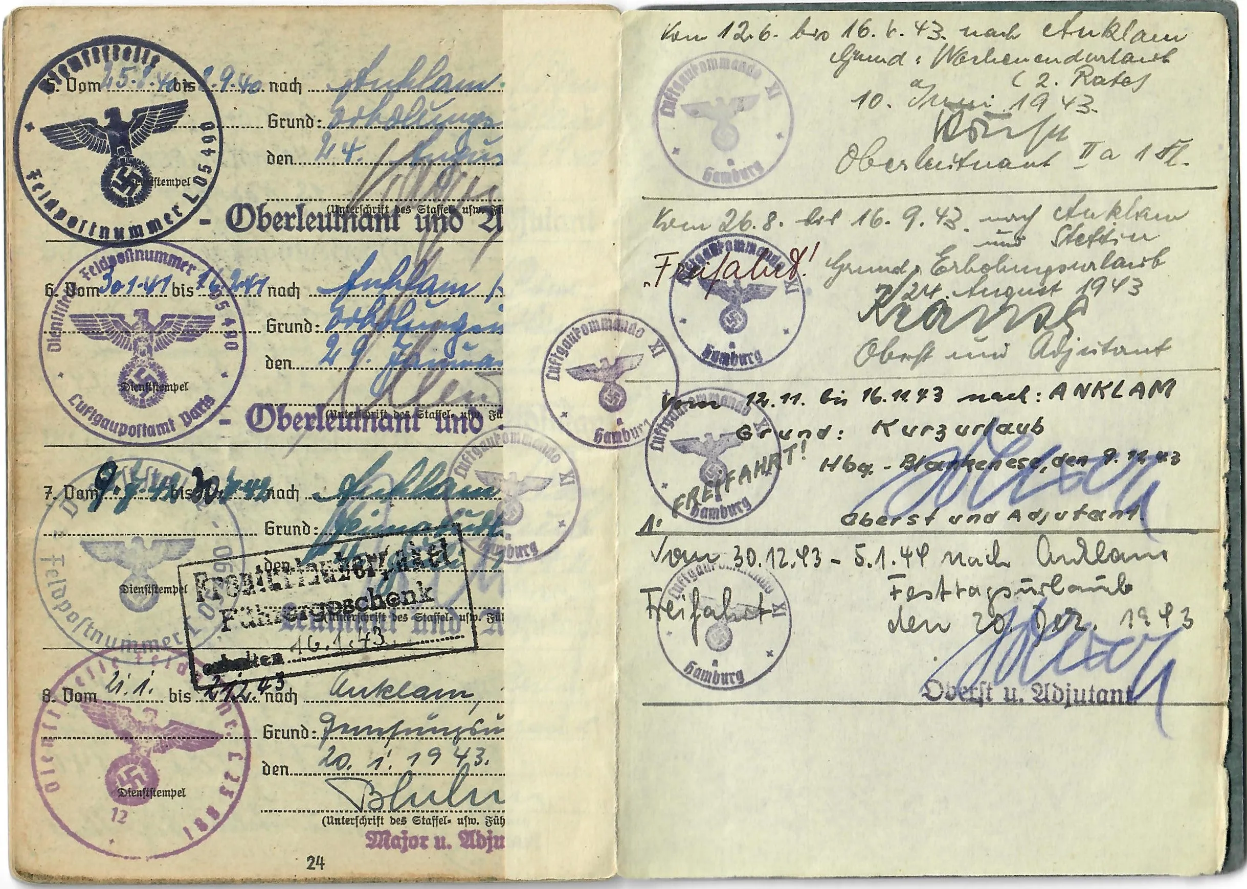 Original WWII German Luftwaffe Soldbuch Identity & Payment Book for Flak Officer Hauptmann Ernst Beiker - Luftgaukommande XI