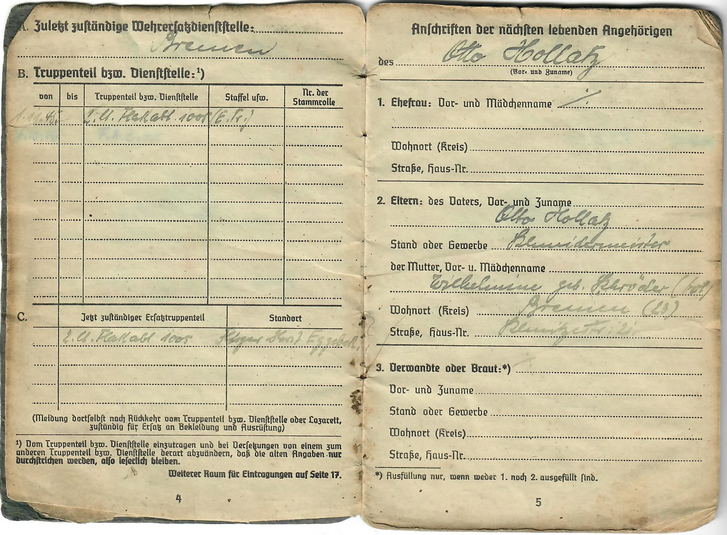 Original WWII German Luftwaffe Soldbuch Identity & Payment Book named to P.O.W. Otto Hollatz with Translation