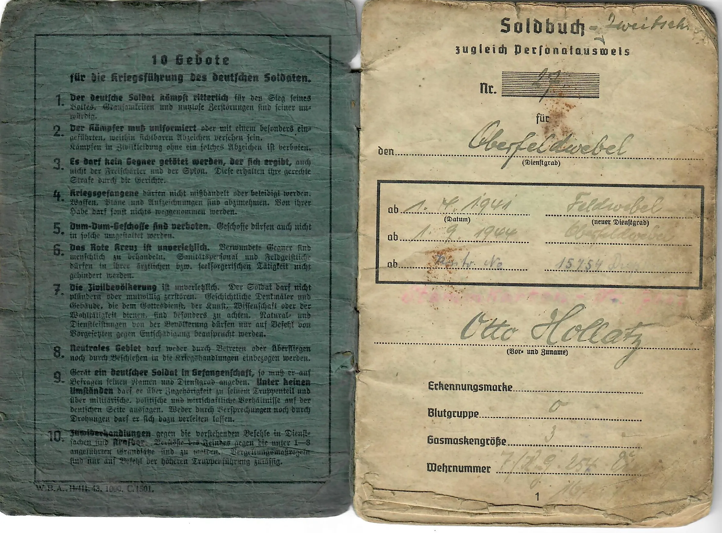 Original WWII German Luftwaffe Soldbuch Identity & Payment Book named to P.O.W. Otto Hollatz with Translation