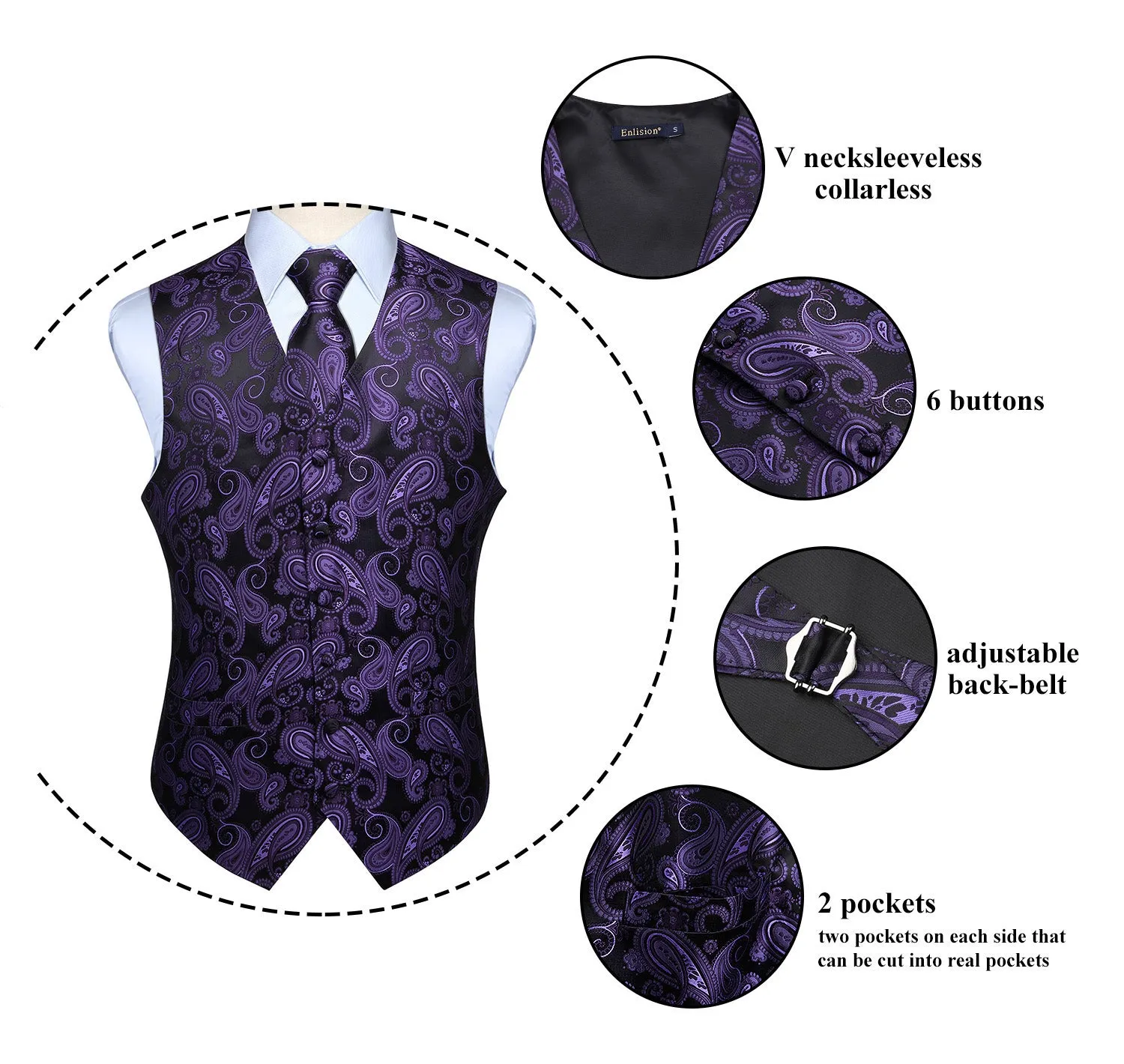 Paisley Suit Vest Tie Handkerchief Set - PURPLE & BLACK