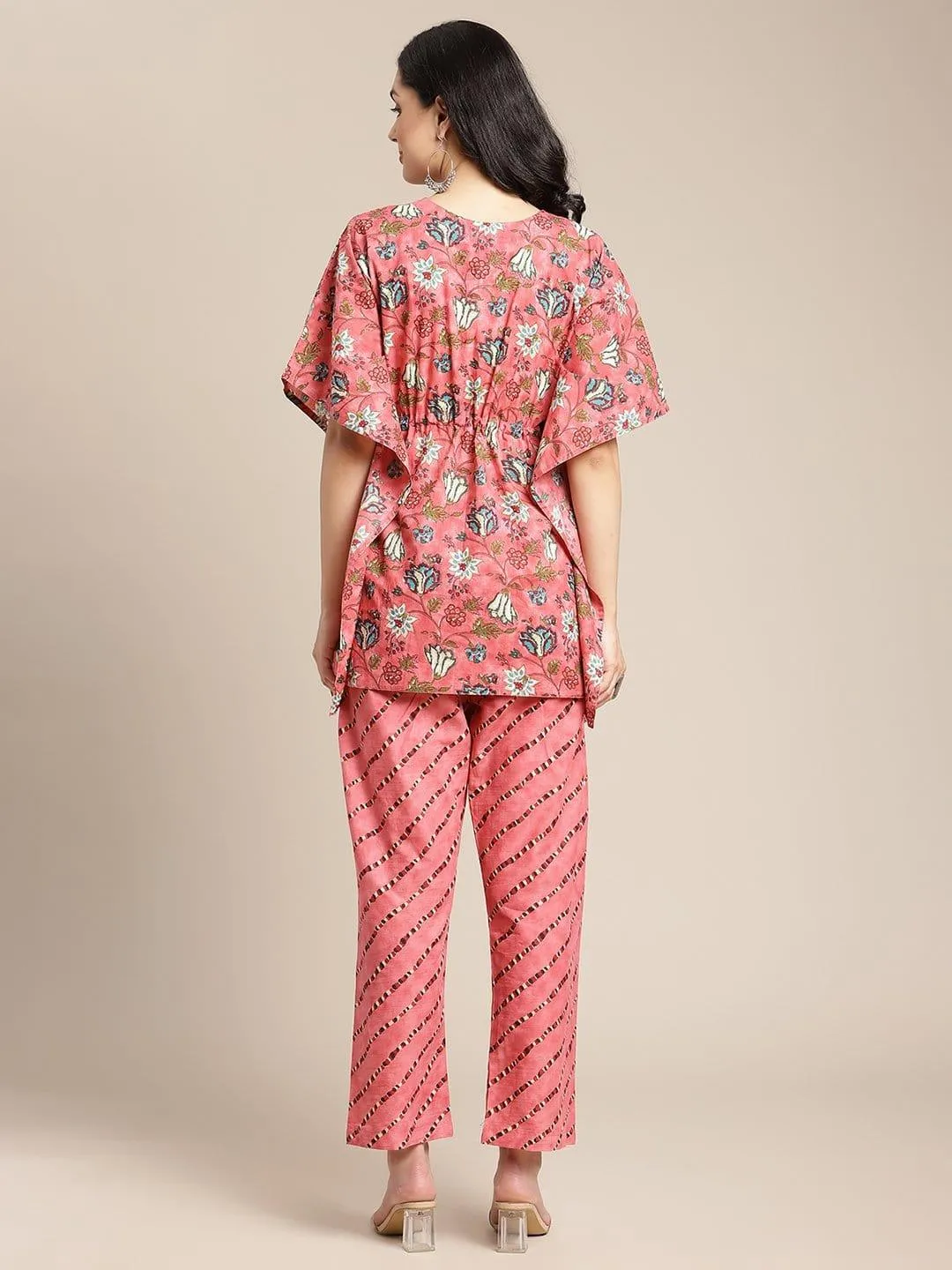 Peach And Blue Floral Printed Kaftan With Straight Pants