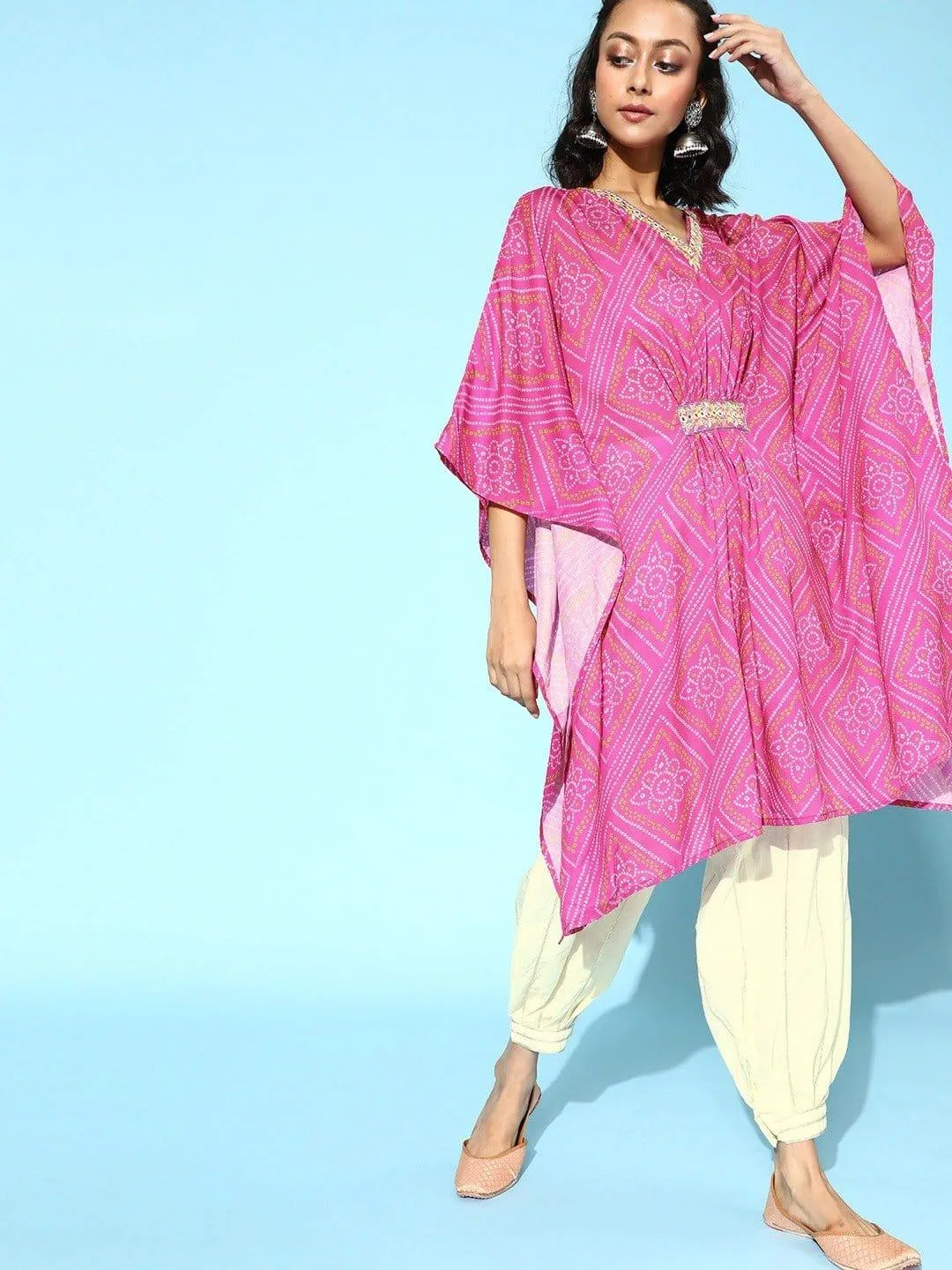 Pink Bandhej Printed Kaftan With Resham Embroidery And Gota Embellished Ballon Trouser