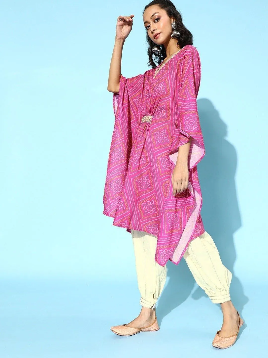 Pink Bandhej Printed Kaftan With Resham Embroidery And Gota Embellished Ballon Trouser