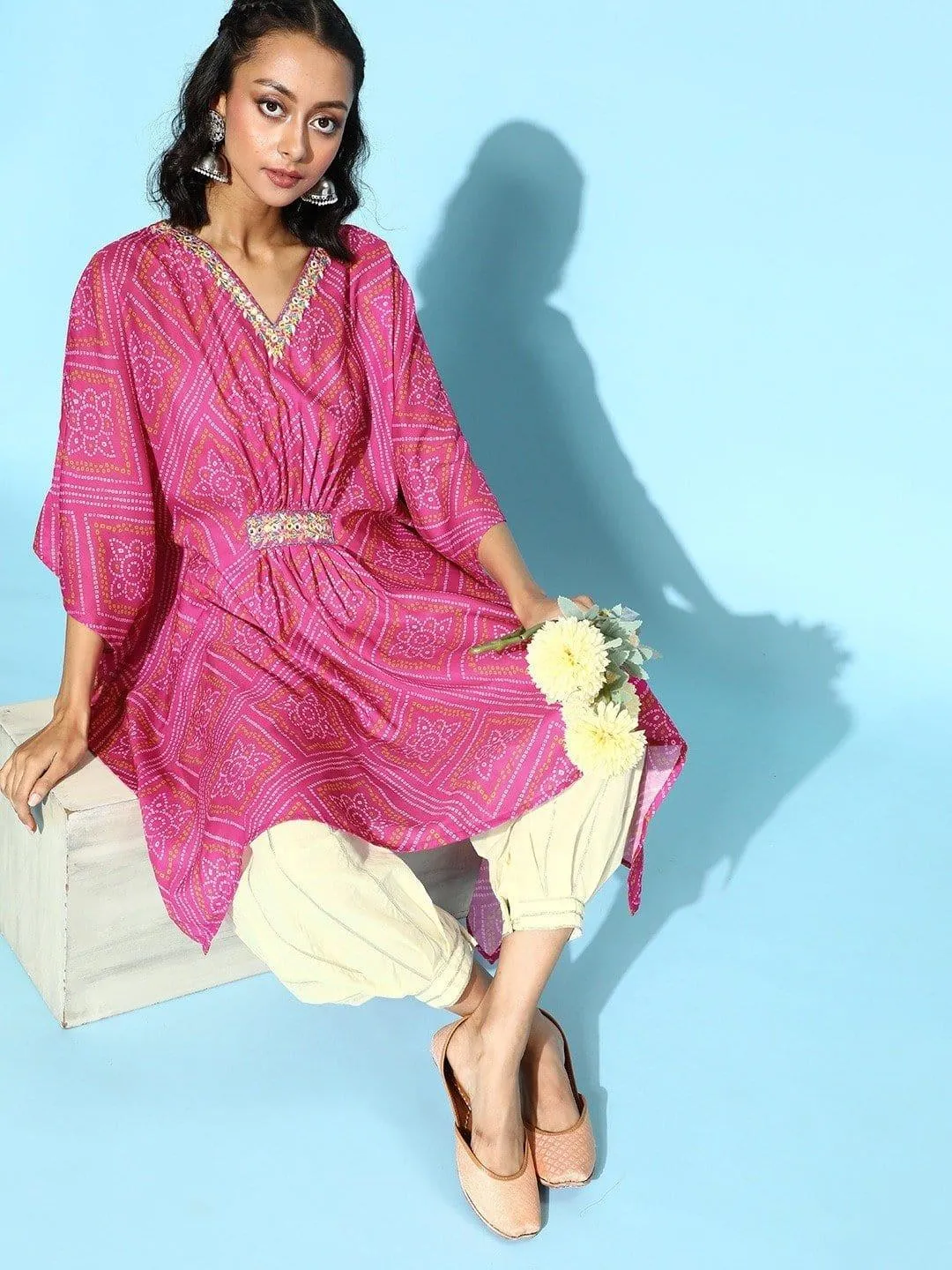 Pink Bandhej Printed Kaftan With Resham Embroidery And Gota Embellished Ballon Trouser